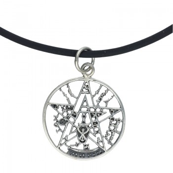 Collar de Caucho con Colgante Plata de Ley Amuleto Pentaculo Tetragramatón