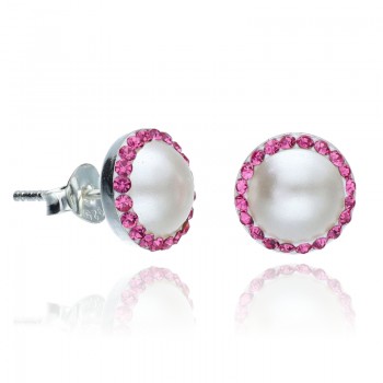 Pendientes Plata de Ley Perla con Brillantes de Cristal Rose