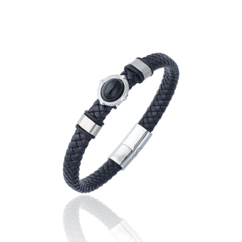 Pulsera de Cuero Trenzado Negro con Onix - Las Joyas de Amanda