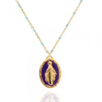 Collar de Acero Medalla Virgen Milagrosa Esmaltada Morada