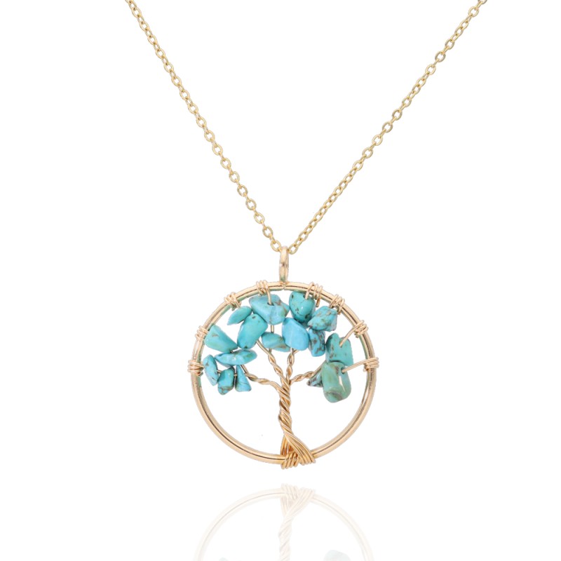 Collar de Acero Chapado Oro 18k Árbol de Vida Esencial con Turquesa