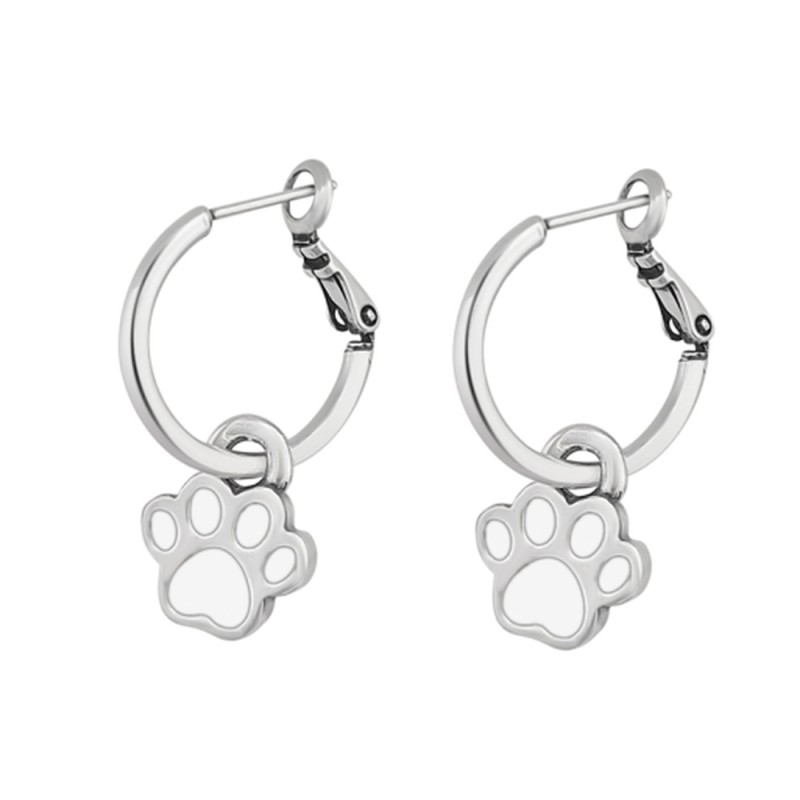 Pendientes Aro Huellas de Mascota Baño Plata Esmalte Blanco