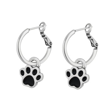 Pendientes Aro Huellas de Mascota Baño Plata Esmalte Negro