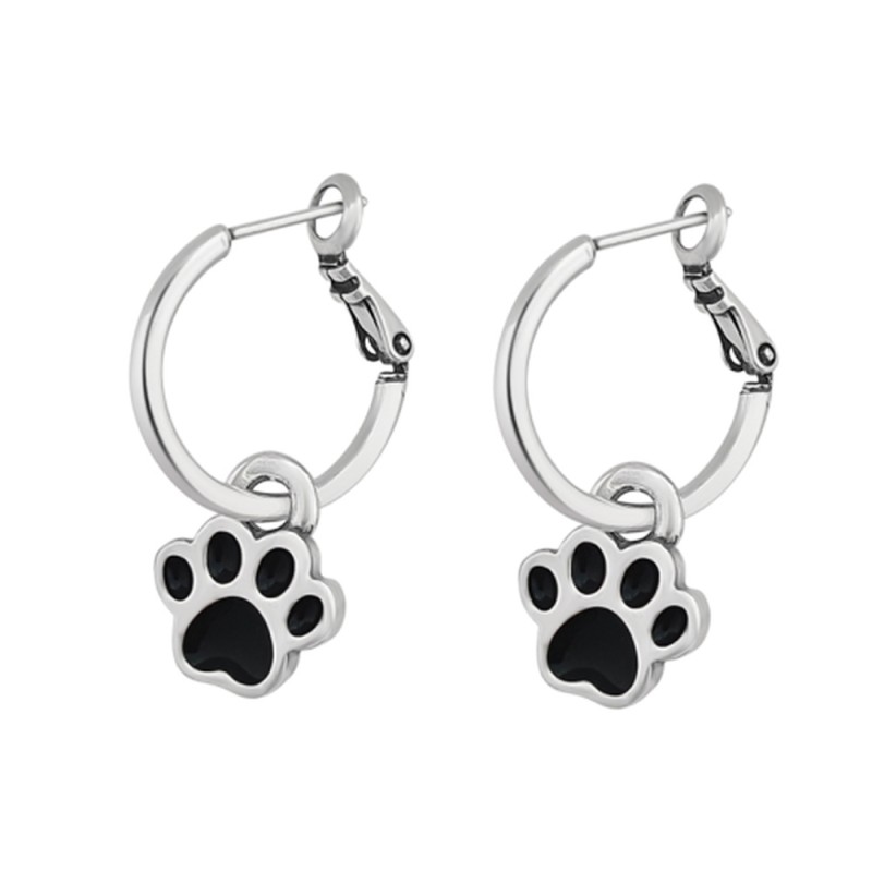 Pendientes Aro Huellas de Mascota Baño Plata Esmalte Negro