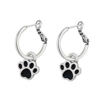 Pendientes Aro Huellas de Mascota Baño Plata Esmalte Negro