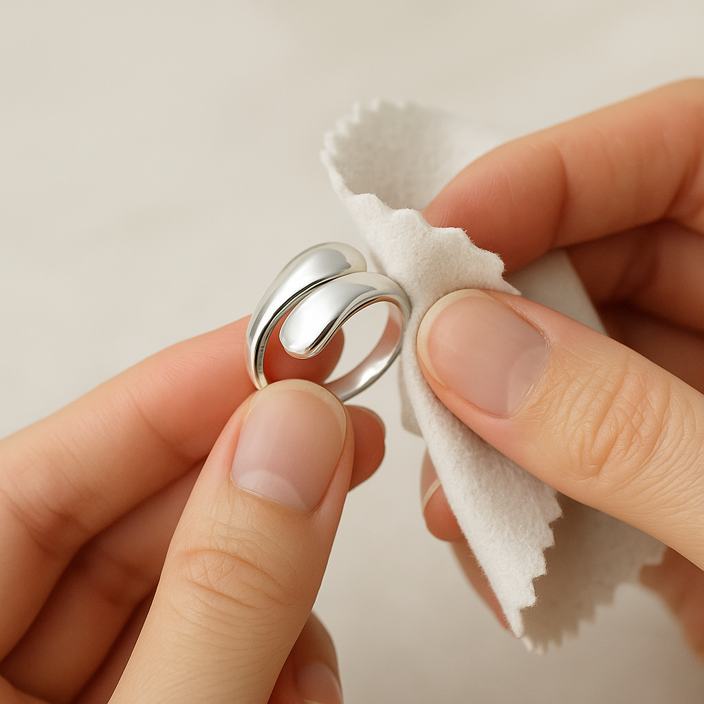 Anillo de plata siendo limpiado con gamuza